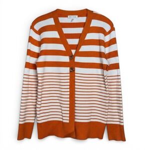 Rio & Rian Orange White Striped Ribbed‎ Knit V-Neck Cardigan Sweater Large